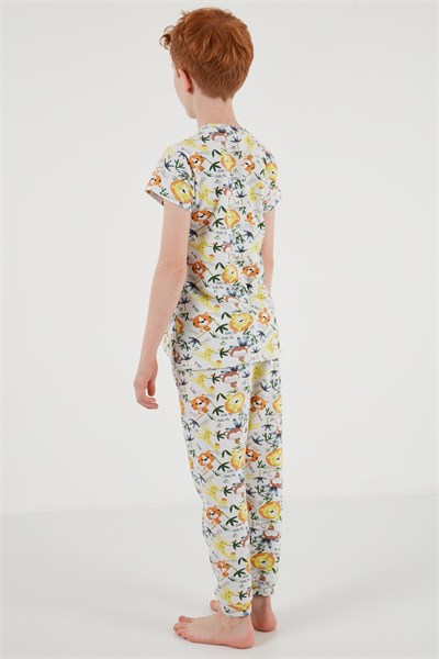 Desenli % 100 Pamuk Bisiklet Yaka Erkek Çocuk Pijama Takımı 6651003 EKRU-SARI