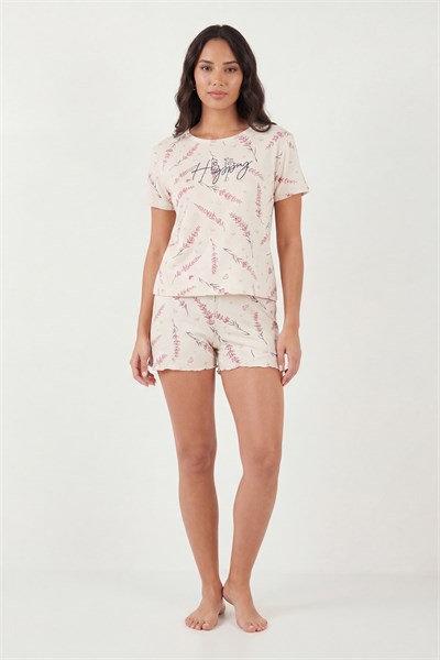 Desenli Bambu Karışımlı Regular Fit Şortlu Kadın Pijama Takımı 6097715 Ekru-Lila
