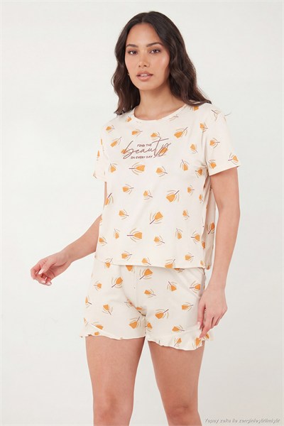 Desenli Bambu Karışımlı Regular Fit Şortlu Kadın Pijama Takımı 6097715 EKRU-SARI