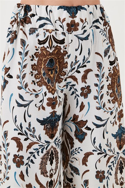Desenli Beli Lastikli Bol Paça Rahat Kesim Kadın Pantolon 5865217 BEYAZ-KAHVE