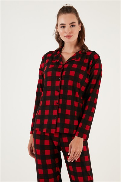 Desenli Beli Lastikli Gömlek Yaka Dokuma Kadın Pijama Takımı 6095660W4 SİYAH