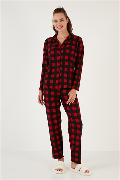 Desenli Beli Lastikli Gömlek Yaka Dokuma Kadın Pijama Takımı 6095660W4 SİYAH