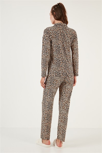 Desenli Beli Lastikli Gömlek Yaka Dokuma Kadın Pijama Takımı 6095660W4 LEOPAR