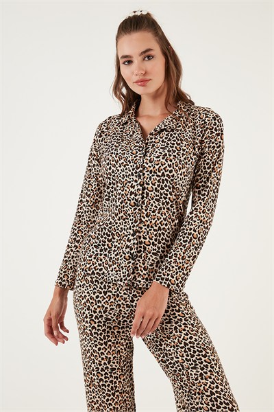 Desenli Beli Lastikli Gömlek Yaka Dokuma Kadın Pijama Takımı 6095660W4 LEOPAR
