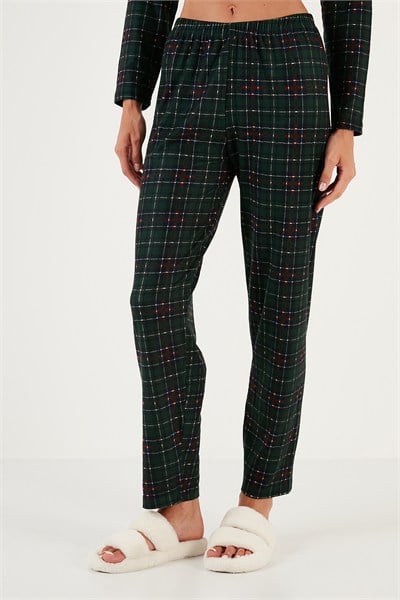 Desenli Beli Lastikli Gömlek Yaka Dokuma Kadın Pijama Takımı 6095660W4 YEŞİL