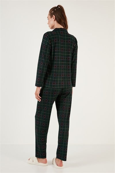 Desenli Beli Lastikli Gömlek Yaka Dokuma Kadın Pijama Takımı 6095660W4 YEŞİL
