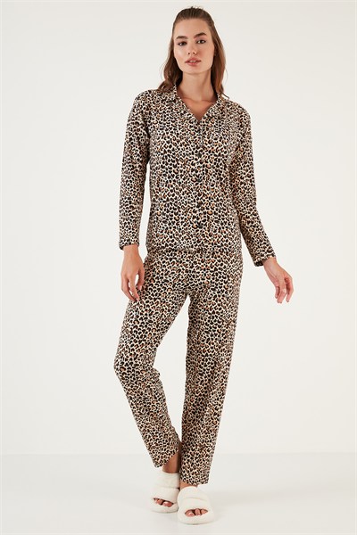 Desenli Beli Lastikli Gömlek Yaka Dokuma Kadın Pijama Takımı 6095660W4 LEOPAR