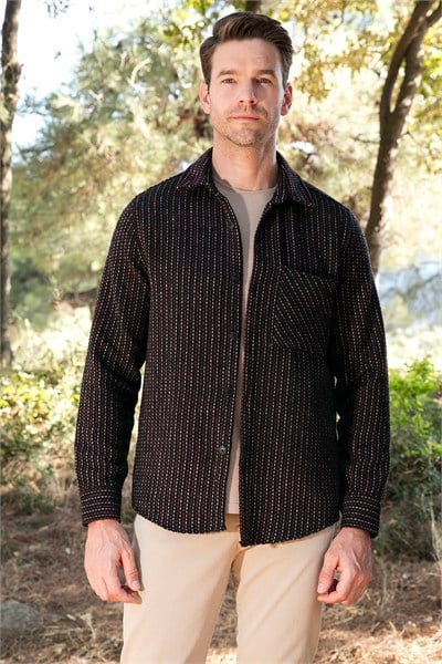 Desenli Cepli Regular Fit Uzun Kollu Kışlık Erkek Gömlek CF24W127187 SİYAH-BORDO