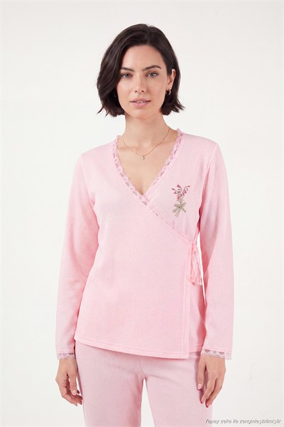 Desenli Dantel Detaylı Bağlamalı Uzun Kollu Kadın Pijama Takımı 6575024 PEMBE