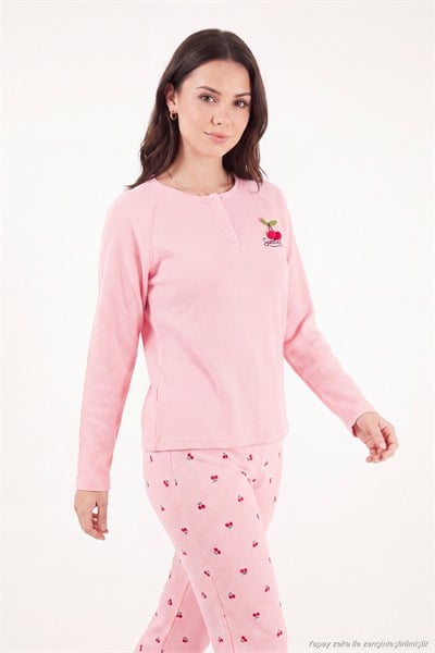 Desenli Düğmeli Bisiklet Yaka Uzun Kollu Kadın Pijama Takımı 6575021 PEMBE