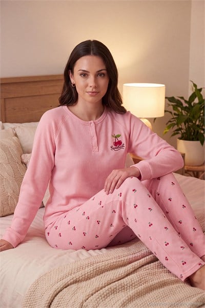 Desenli Düğmeli Bisiklet Yaka Uzun Kollu Kadın Pijama Takımı 6575021 PEMBE