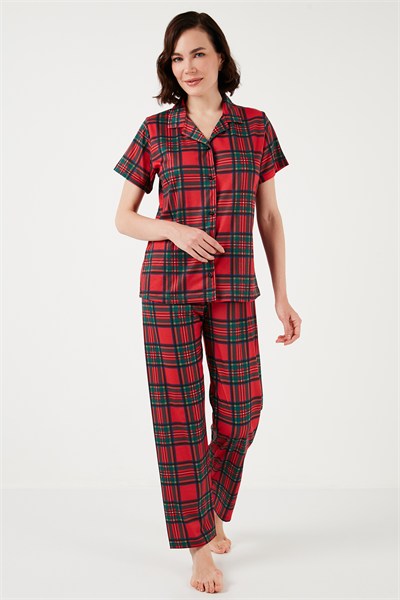 Desenli Kısa Kollu Beli Lastikli Gömlek Yaka Dokuma Regular Fit Kadın Pijama Takımı 6571010 KIRMIZI-SİYAH