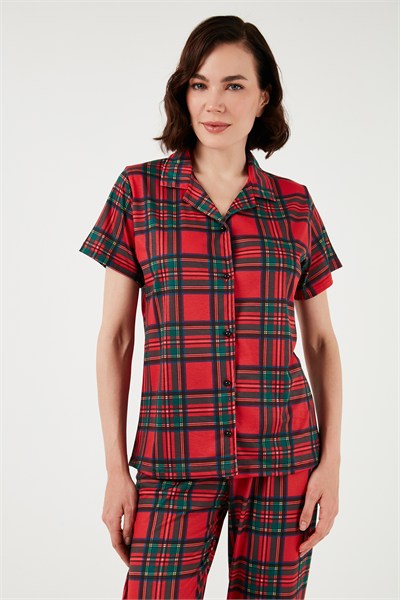 Desenli Kısa Kollu Beli Lastikli Gömlek Yaka Dokuma Regular Fit Kadın Pijama Takımı 6571010 KIRMIZI-SİYAH