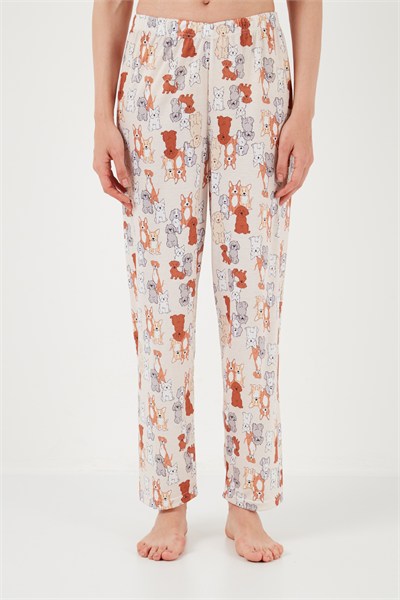 Desenli Kısa Kollu Beli Lastikli Gömlek Yaka Dokuma Regular Fit Kadın Pijama Takımı 6571010 BEJ