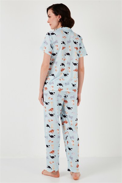 Desenli Kısa Kollu Beli Lastikli Gömlek Yaka Dokuma Regular Fit Kadın Pijama Takımı 6571010 MİNT