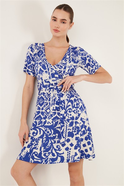 Desenli Kruvaze Yaka Regular Fit Kadın Elbise 5865723 SAKS