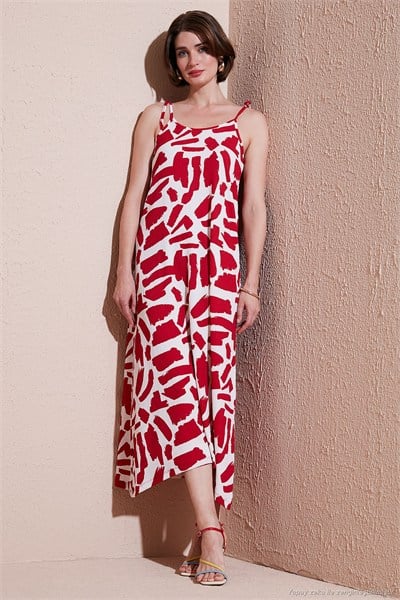 Desenli Midi Boy Oversize Fit Bağlamalı İp Askılı Bisiklet Yaka Kadın Elbise 5869009 BORDO
