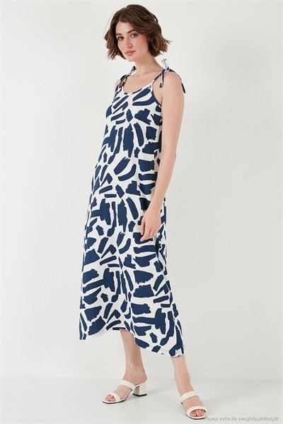Desenli Midi Boy Oversize Fit Bağlamalı İp Askılı Bisiklet Yaka Kadın Elbise 5869009 İNDİGO