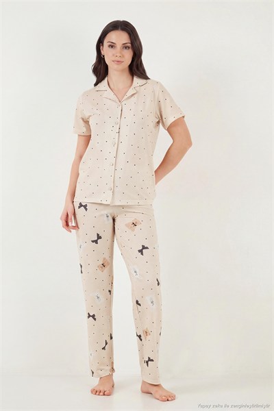 Desenli Normal Kalıp Düğmeli Kısa Kollu Yumuşak Dokulu Kadın Pijama Takımı 65770110 BEJ
