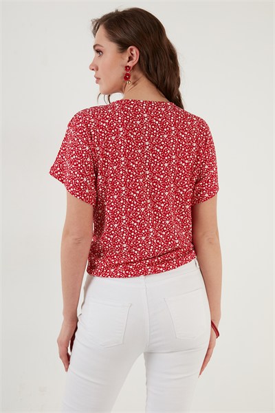 Desenli Önü Büzgülü V Yaka Crop Kadın Bluz 5864486Y4 KIRMIZI