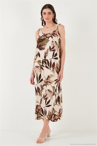 Desenli Oversize Fit Bağlamalı İp Askılı Yuvarlak Yaka Midi Boy Kadın Elbise 5869022 CAMEL