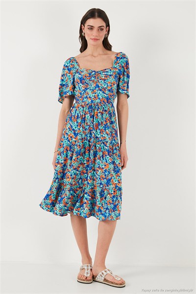 Desenli Oversize Fit Carmen Yaka Büzgü Detaylı Midi Boy Kadın Elbise 67810557 SAKS