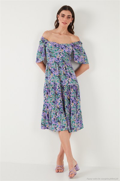 Desenli Oversize Fit Carmen Yaka Büzgü Detaylı Midi Boy Kadın Elbise 6782169 MOR