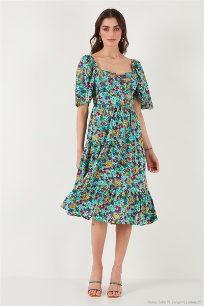 Desenli Oversize Fit Carmen Yaka Büzgü Detaylı Midi Boy Kadın Elbise 67810557 YEŞİL