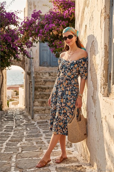 Desenli Oversize Fit Carmen Yaka Büzgü Detaylı Midi Boy Kadın Elbise 6782169 LACİVERT
