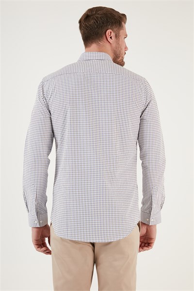Desenli Pamuk Karışımlı Düğmeli Yaka Uzun Kollu Slim Fit Erkek Gömlek CF23S7496 LACİVERT-BEJ