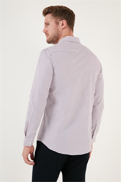 Desenli Pamuk Karışımlı Düğmeli Yaka Uzun Kollu Slim Fit Erkek Gömlek CF23S7496 LACİVERT-KIRMIZI