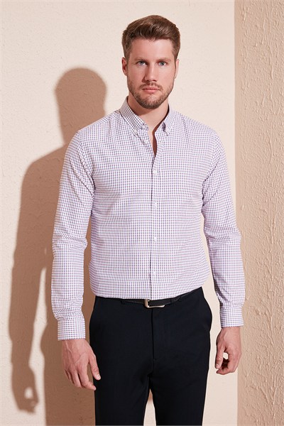 Desenli Pamuk Karışımlı Düğmeli Yaka Uzun Kollu Slim Fit Erkek Gömlek CF23S7496 LACİVERT-KIRMIZI