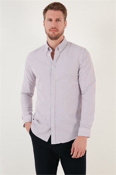 Desenli Pamuk Karışımlı Düğmeli Yaka Uzun Kollu Slim Fit Erkek Gömlek CF23S7496 LACİVERT-KIRMIZI