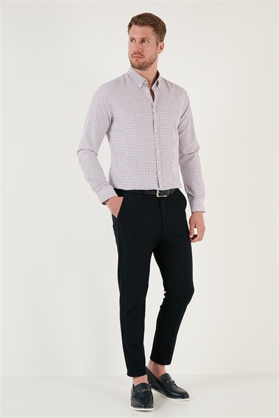Desenli Pamuk Karışımlı Düğmeli Yaka Uzun Kollu Slim Fit Erkek Gömlek CF23S7496 LACİVERT-KIRMIZI