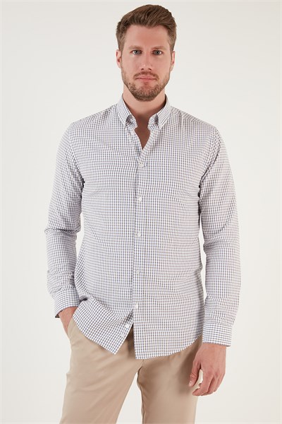 Desenli Pamuk Karışımlı Düğmeli Yaka Uzun Kollu Slim Fit Erkek Gömlek CF23S7496 LACİVERT-BEJ