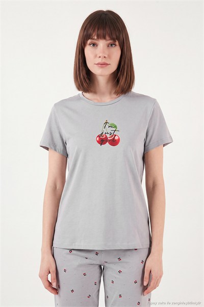 Desenli Pamuklu Bisiklet Yaka Kaprili Kadın Pijama Takımı 65790787 GRİ