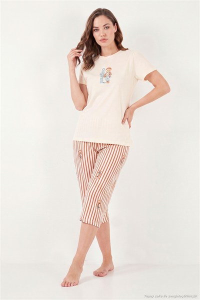 Desenli Pamuklu Bisiklet Yaka Kaprili Kadın Pijama Takımı 65790787 BEJ