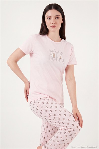 Desenli Pamuklu Bisiklet Yaka Kaprili Kadın Pijama Takımı 65790787 PUDRA