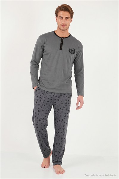 Desenli Pamuklu Düğmeli Bisiklet Yaka Erkek Pijama Takımı 6575002 FÜME