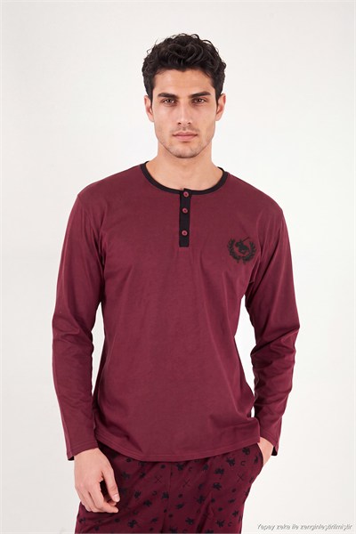 Desenli Pamuklu Düğmeli Bisiklet Yaka Erkek Pijama Takımı 6575002 BORDO