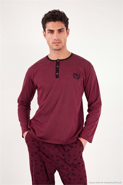 Desenli Pamuklu Düğmeli Bisiklet Yaka Erkek Pijama Takımı 6575002 BORDO
