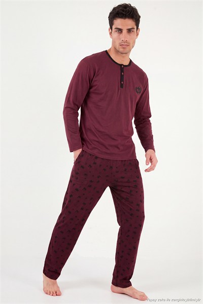 Desenli Pamuklu Düğmeli Bisiklet Yaka Erkek Pijama Takımı 6575002 BORDO