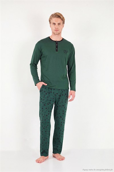 Desenli Pamuklu Düğmeli Bisiklet Yaka Erkek Pijama Takımı 6575002 YEŞİL