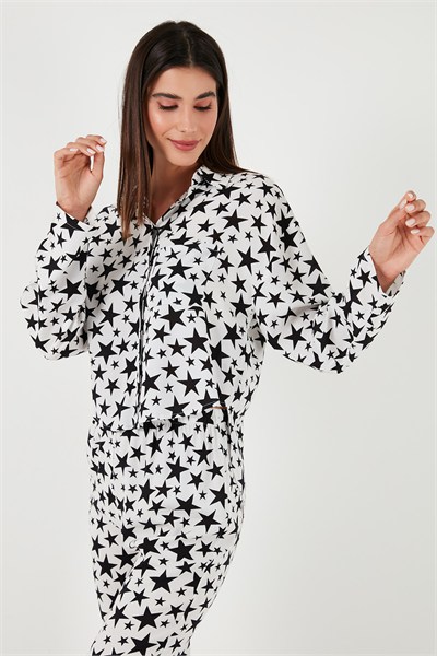 Desenli Rahat Kesim Bol Paça Yazlık Kadın Pijama Takımı 6110014 BEYAZ