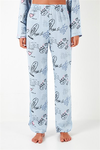 Desenli Rahat Kesim Bol Paça Yazlık Kadın Pijama Takımı 6110014 AÇIK MAVİ
