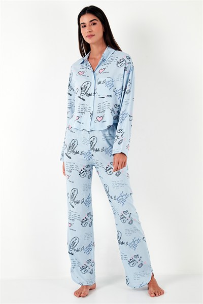 Desenli Rahat Kesim Bol Paça Yazlık Kadın Pijama Takımı 6110014 AÇIK MAVİ