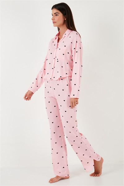 Desenli Rahat Kesim Bol Paça Yazlık Kadın Pijama Takımı 6110014 TOZ PEMBE