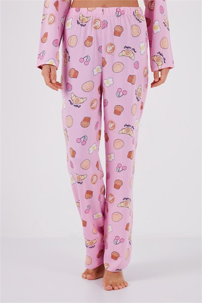 Desenli Rahat Kesim Bol Paça Yazlık Kadın Pijama Takımı 6110014 Şeker Pembe