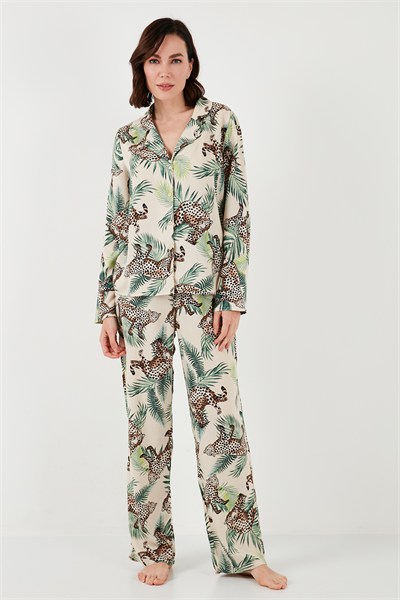Desenli Reguar Fit Yumuşak Dokulu Kışlık Rahat Kadın Pijama Takımı 611PT288Y VİZON-YEŞİL