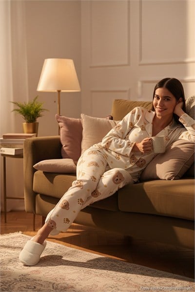 Desenli Reguar Fit Yumuşak Dokulu Kışlık Rahat Kadın Pijama Takımı 611PT288Y BEJ